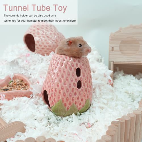Adjustable No-Drip Pink Strawberry Ceramic Hamster Water Bottle | 80ML,2-in-1 Drinking Station and Stable Hideout for Glass Tanks with No-Drip 2 Caps,Fits Hamsters, Gerbils & Small Pets