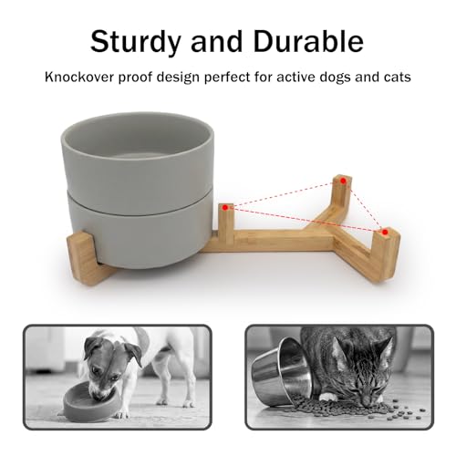 MateeyLife Ceramic Dog and Cat Bowls with Stand, 2-Pack Food and Water Bowl Set - Non-Slip Pet Bowls for Cats,Puppies and Small Dogs, 13.5OZ（Grey） - color: Grey, size: S-1.5Cup