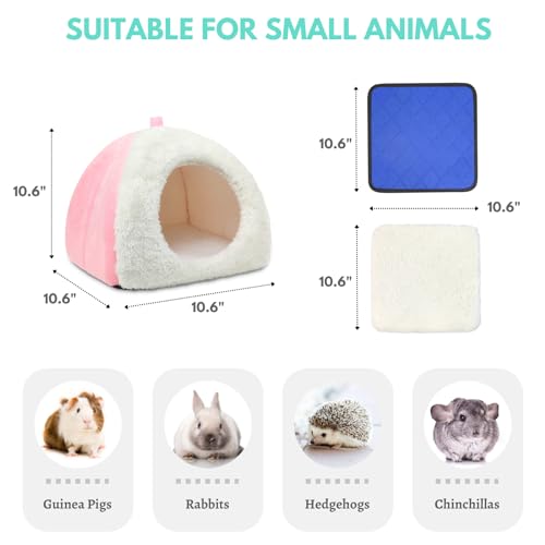 Guinea Pig Hideout Bed with 2 Absorbent Leak-Proof Bottom Pee Pad | Fleece Small Animal House, Washable Hide Hut for Dwarf Rabbit Chinchilla - color: Pink