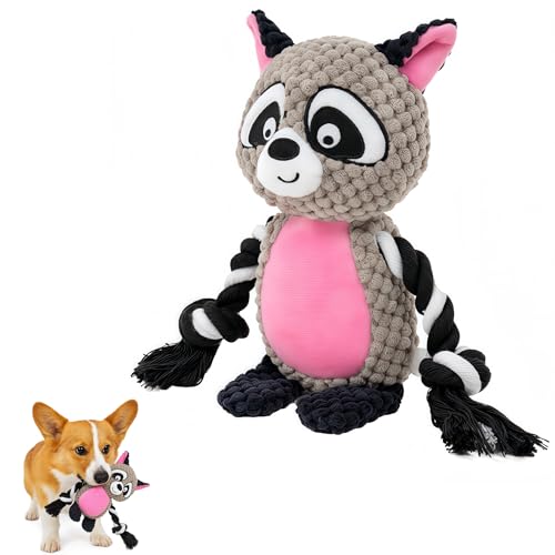 Raccoon Plush Dog Toy with Squeaker, Crinkle Paper & Rope for Small Dogs | Cute raccoon design with soft plush texture, squeaky sound and crinkle paper to encourage interactive indoor play. - color: Raccoon
