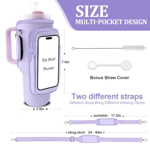 Stanley Carrier Bag for Stanley 40oz/30ozTumbler with Phone with 2 Adjustable Strap,3 Pockets Bottle Stanley Cup Carrier Bag & Case,Accessories for Hiking Travelling - color: Purple