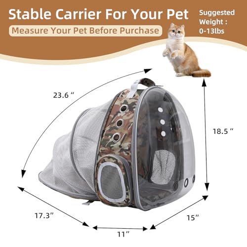 Expandable Cat Carrier Backpack with Bubble Window, Camo | Breathable mesh, anti-collapse frame, side door, safety leash and escape-resistant zippers for vet visits and outdoor travel. - color: Camo