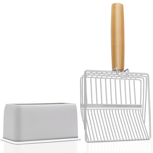 UFECODO Fast Sifting Cat Litter Scoop with Holder Stand, 2 Widths of Slots Stainless Steel Poop Scooper with Ergonomic Wood Handle, Heavy Duty and Easy Clean - size: 0.2&0.4inch gap