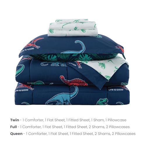 Berkshire LIG Printed Reversible Microfiber Comforter Set–7-Piece, Ultra Soft All-Season Bedding, Wrinkle & Fade Resistant, Queen, Life was Good Dinos Navy - color: Life Was Good Dinos Navy, size: Queen