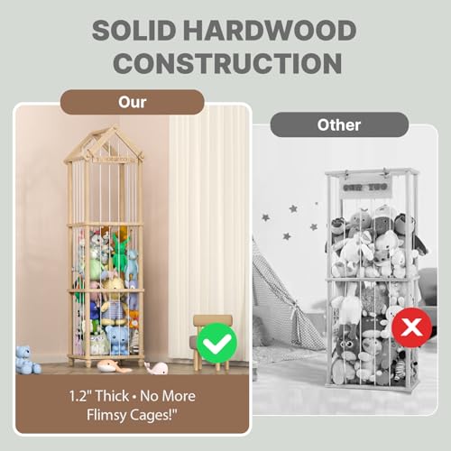 Stuffed Animal Storage Zoo, 65" Extra Large Wooden Plush Toy Organizer, Solid Pine Toy Holder with 3D Sign & Sturdy Base, Vertical Corner Stuffed Animal Cage for Nursery Playroom - size: XLL