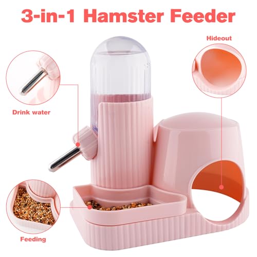 3 in 1 Multifunctional Hamster Water Bottle No Drip Gerbil 100ML Water Bottle Dispenser with Food Bowl Small Animal Auto Dispenser with Hideout Base Hamster Cage Accessories (Pink) - color: Pink