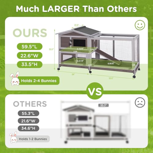 Gutinneen Large Indoor Rabbit Hutch Bunny Cage with Chew-Proof Ramp, Locking Leak-Proof Trays - Outdoor 62" Wooden Rabbit Cage with 6 Wheels for Rabbits, Guinea Pigs, Small Animals (Brown)