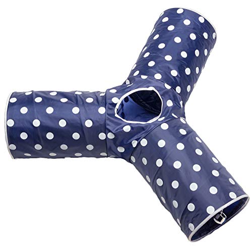 Cat Tunnel - Collapsible 3 Way Polka Dot Play Toy - Tube Fun for Rabbits, Kittens, and Dogs - Polka Dot Navy/White - color: Blue/White