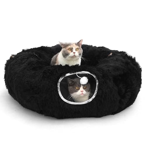 Cat Tunnel with Bed – Soft Plush Peekaboo Donut Cave for Indoor Cats | Under Christmas Tree Hideaway & Multifunctional Playground Toy for Kittens, Rabbits, Ferrets (Long-Pile Fabric Black) - color: Long-pile fabric Black