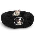 Cat Tunnel with Bed – Soft Plush Peekaboo Donut Cave for Indoor Cats | Under Christmas Tree Hideaway & Multifunctional Playground Toy for Kittens, Rabbits, Ferrets (Long-Pile Fabric Black) - color: Long-pile fabric Black