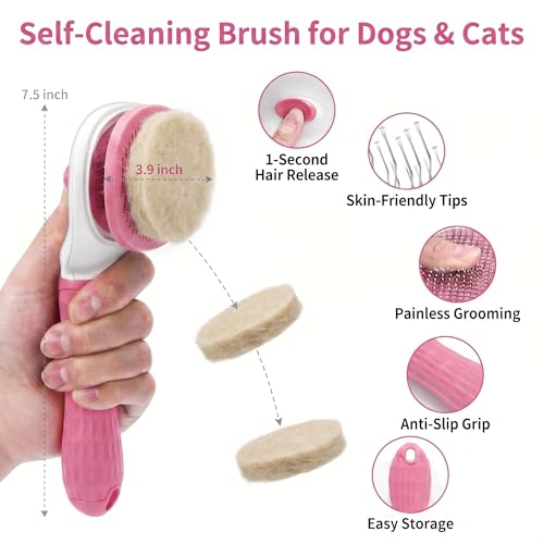 5-in-1 Dog Grooming Kit with Self Cleaning Brush & Rake, Pink | Professional Long & Short Haired Dog Hair Remover Set with One-Click Self-Cleaning Shedding Brush & Undercoat Rake for Cats - color: Pink