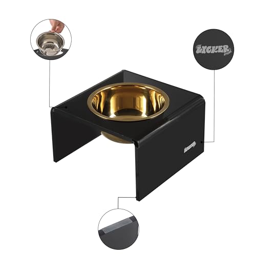 DBL2002B Keaton 5" Small/Medium Modern Acrylic Rectangular Elevated Pet Feeder with 20oz 1-Stainless Steel Bowl, Black/Gold - color: Black/Gold, size: 20 Ounces (5" Cups 1-Pack)