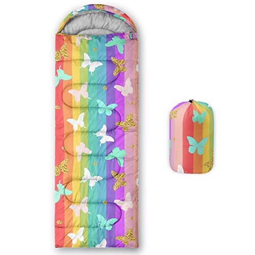 QOOMO Camping Sleeping Bags,3 Season Warm & Cool Weather,Lightweight,Waterproof Sleeping Bags for Adults & Kids,Traveling,and Outdoors,Camping Gear Equipment - color: Rainbow Butterfly 2