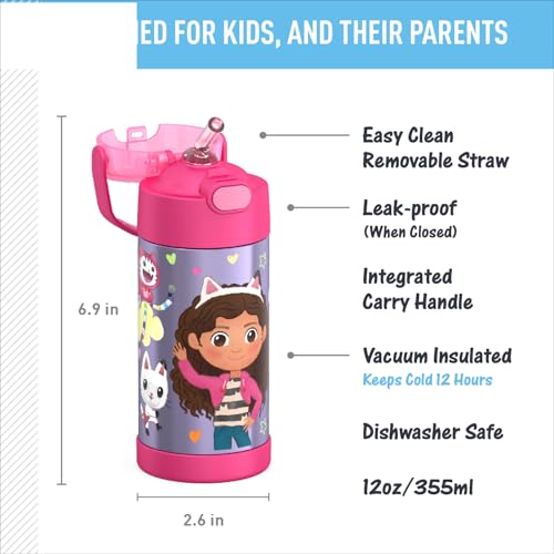 THERMOS FUNTAINER Water Bottle with Straw, 12oz, Gabby’s Dollhouse | Kids Stainless Steel Insulated Water Bottle, Keeps Drinks Cold Longer for School & Play, BPA-Free - color: Gabby's Dollhouse, size: 12 Ounces