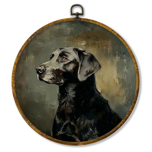 shiviody Vintage Black Labrador Retriever Canvas Wall Art Decor, Black Lab Gifts, Moody Dark Academia Farmhouse Dog Round Hanging Frame Prints Decorations for Home Bedroom Living Room 10"x10" - color: Animals-37
