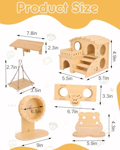 6 PCS Wooden Hamster Cage Accessories Toys Set, Hamster House Hideout, Platform, Silent Wheel, Feeding Box, Swing & Seesaw Toys, Cute Habitat Decor for Syrian Dwarf Hamsters and Gerbil