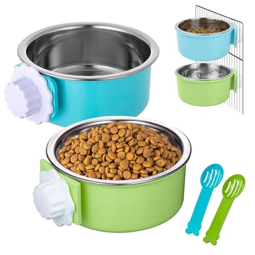 Hamiledyi 2-Pack Hanging Dog Bowls with Removable Stainless Steel Feeder - Spill-Proof Crate Bowls for Kennel/Cage, Puppy to Medium Dogs, Cats, Rabbits & Guinea Pigs (Durable Pet Food & Water Dishes) - color: A：Blue+Green