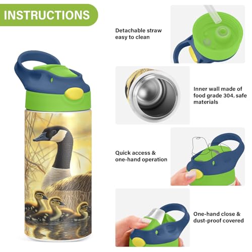 OTVEE Canada Geese Goslings Kids Water Bottle with Straw Lid 12 oz Insulated Stainless Steel Leakproof Duck Mouth Tumbler Cup for Boys Girls Teen School - color: Canada Geese and Goslings