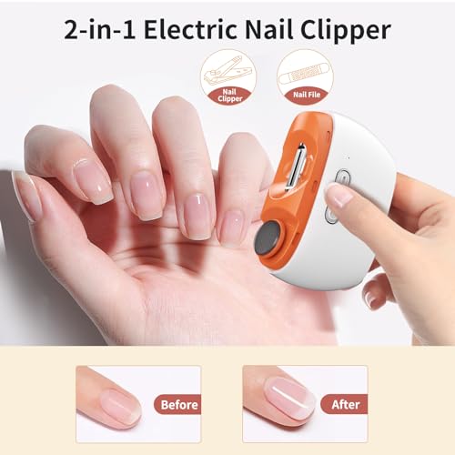 3-in-1 Electric Nail Trimmer for Thin Nails (Up to 1.4mm) – USB Rechargeable Automatic Nail File for Baby & Seniors, 2-Speed, LED Light - color: Orange