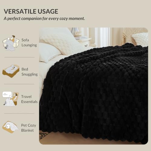 XeGe Luxury Bubble Fluffy Faux Rabbit Fur Bed Blanket Queen Size, Black | 90"x90", Double-Sided, Hypoallergenic, No-Shed, Washable, Plush Shaggy Blanket for Bed Couch Sofa Snuggling Lounging Napping - color: Black, size: Queen (90" X 90")