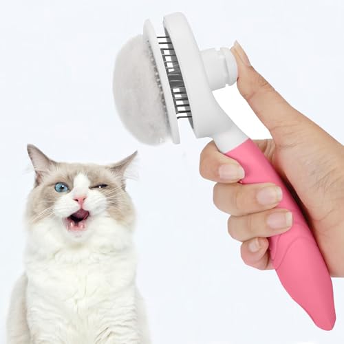 Self Cleaning Slicker Brush - Cat Brush Skin-Friendly Deshedding Grooming Massaging Tool for Long & Short Haired Pets, Cat Hair Brushes Easy Removes Undercoat for Dogs Cats Rabbits-UPGRADED, Pink - color: 1Pack Pink