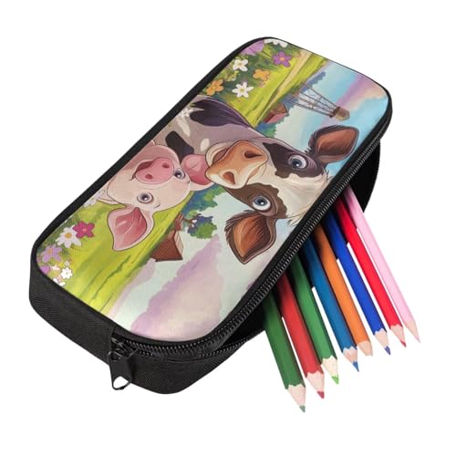 Cow and Pig Backpack for Girls Bookbag with Lunch Box Cup Sleeve Cute Pencil Case 4 PCS Set Bookbag with Compartment 4Th Grade Kid 8-10 Years Old School Bag for Camping Picnic - color: Cow and Pig