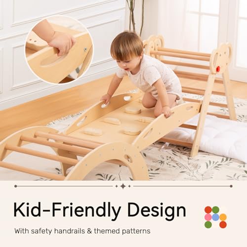 Pikler Triangle Set, Montessori 8-in-1 Climbing Set with Cushion | Wood Jungle Gym for 18M-5Y, Foldable, Reversible Animal Slide, Patent-Protected, 2.35in Gap, ASTM F963, Wood - color: Teak