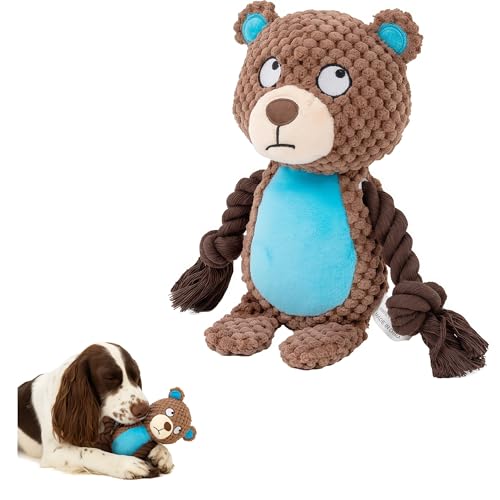 Plush Bear Dog Toy, Squeaky Tug Toy with Rope Arms for Small Medium Dogs | soft plush bear toy with rope arms and squeaker, designed for tugging, chewing and interactive indoor play - color: Brown