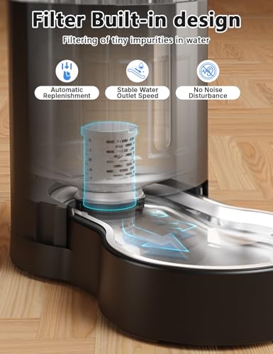 JUNSPOW Cat Water Dispenser with Filter and Stainless Steel Bowl (4L Black) | Automatic Gravity Water Dispenser for Cats or Small Medium Size Dogs, Large Capacity, Easy to Clean - color: Black, size: 4L + Filter