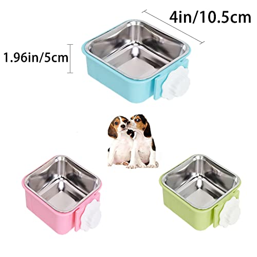 Crate Dog Bowl,Removable Stainless Steel Water Food Feeder Bowls Crate Coop Cup,Pet Cage Bowls with Bolt Holder for Cat, Puppy, Birds, Rats, Rabbits Small Animals ((Blue+Green+Pink) Square, Samll) - color: (Blue+Green+Pink) Square, size: Small