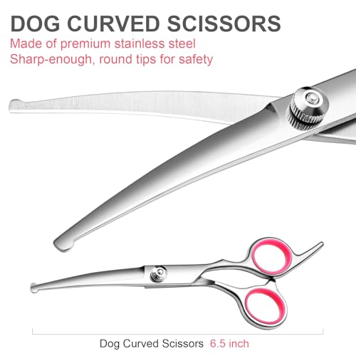 Dog Grooming Scissors Kit, Premium Stainless Steel Dog Shears with Curved Shears, Sharp Durable for Dogs Cats+Pink 3 Piece - color: Pink 3 Piece
