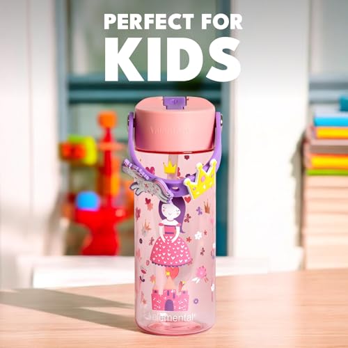 Elemental Water Bottles for Kids - Splash Kids Water Bottle for School with Fun Charm Handle - BPA Free Tritan Plastic Bottle with Straw Leak Proof When Spout is Closed - 18oz - Princess Dream - color: Princess Dream