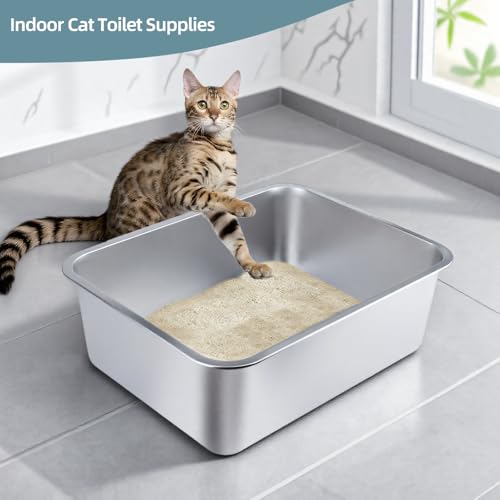 Stainless Steel Cat Litter Box - Large Metal High-Sided Pan for Cats, Pets, Non-Stick, Odor-Free, Easy to Clean, Splash-Proof, Durable (20" L x 13.8" W x 6" H) - size: 20" L x 13.8" W x 6" H