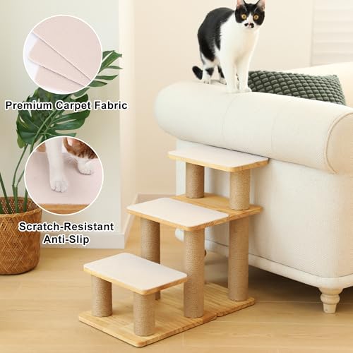 FUKUMARU Dog Stairs, Solid Wood Pet Stairs with Cat Scratching Post | Transformable Cat Step Hold Up to 200 lbs, 20" Pet Ramp for Dogs and Cats to Climb High Bed and Couch, Over 6 Combinations - color: Beige