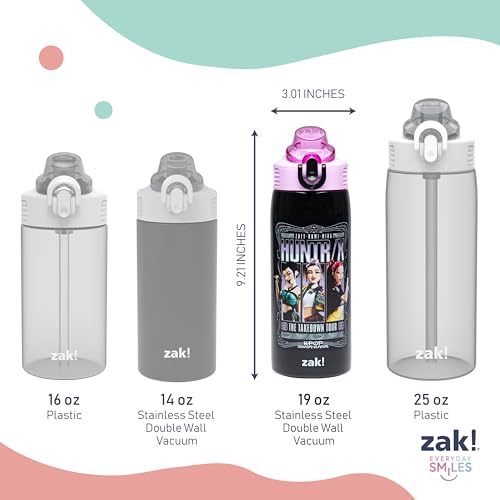 Zak Designs KPop Demon Hunters Sage 19oz Leak-Proof Straw Kids Water Bottle | BPA Free, Insulated Stainless Steel, Cupholder Friendly, Dishwasher Safe, Lid Lock, Handle, For School, Home, Travel, Outdoor - color: KPop Demon Hunters (Huntrix Takedown Tour)