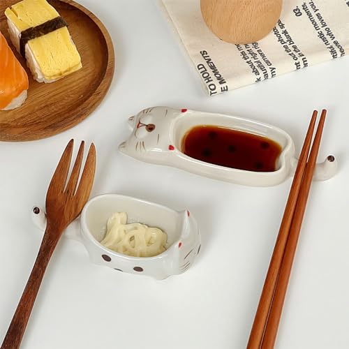 2 Pcs Cute Cats Shape Soy Sauce Dish,Cartoon Cat Small Ceramic Bowls Mini Animal Cat Plates Dipping Sauce Bowls Ceramic Sauce Dishes For Seasoning Soy Sauce Vinegar Snack Appetizers Kitchen Tableware