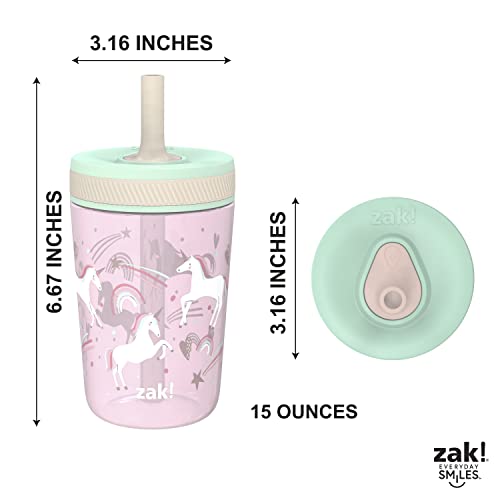 Zak Designs Kelso Toddler Cups For Travel or At Home, 15oz 2-Pack Durable Plastic Sippy Cups With Leak-Proof Design is Perfect For Kids (Fanciful Unicorn, Happy Skies) | BPA Free, Plastic, Sippy Cups, Cup Holder Friendly, Dishwasher Safe, Easy to Clean, F