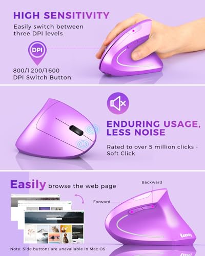 Lekvey Ergonomic Mouse, Rechargeable Vertical Wireless Mouse, Purple | USB-C Charging, 2.4G USB Wireless, Plug & Play, 3 DPI (800/1200/1600), Quiet Clicks, Carpal Tunnel Mouse, for Laptop, PC, Mac - color: Purple