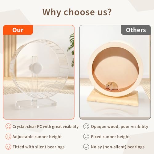 11" Silent Hamster Wheel - Clear Running Wheel | 11" large welfare size, textured grip track, quiet dual bearings, heavy-duty stable base, adjustable stand - size: Large【11 Inch】