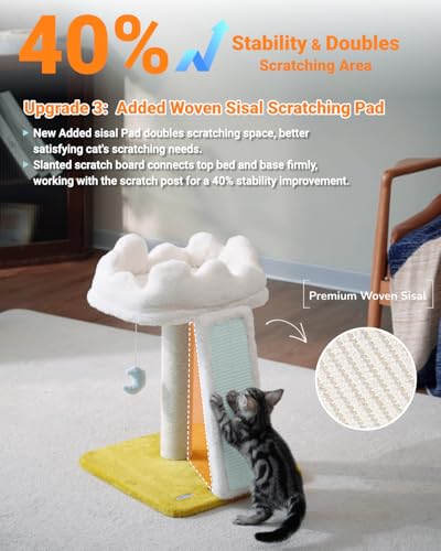 Cat Tree, Cloud Cat Tower with Soft Bed, Cat Scratching Post & Pad with Larger Perch for Window Viewing, Small Cat Tree with Cute Toys, Bonus Catnip - size: 22" with Scratching Pad