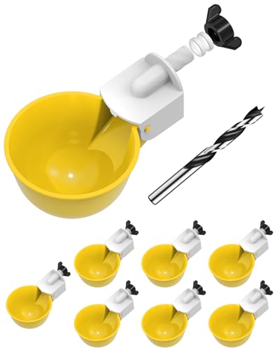 Chicken Waterer Cups (8 Pack) with 3/8" Drill Bit - Yellow | Automatic Poultry Drinker Feeder Kit for Chickens, Ducks, Turkeys, Quail, Bunnies | DIY Gravity Fed Bucket Water Dispenser - color: Yellow, size: 8 Pack + Drill bit