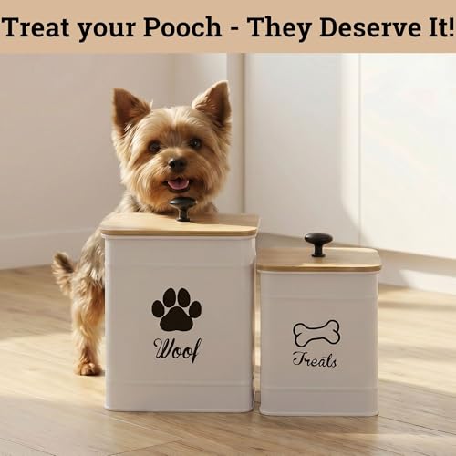 Dog Treat Container Set of 2 with Airtight Bamboo Lids - 8x6 & 7x5 inch | Fits All Popular Treats, Up to 20 Cups Combined Capacity, Airtight Bamboo Lid, Easy Open Lid, Dent-Resistant Durable Metal - color: White - Large