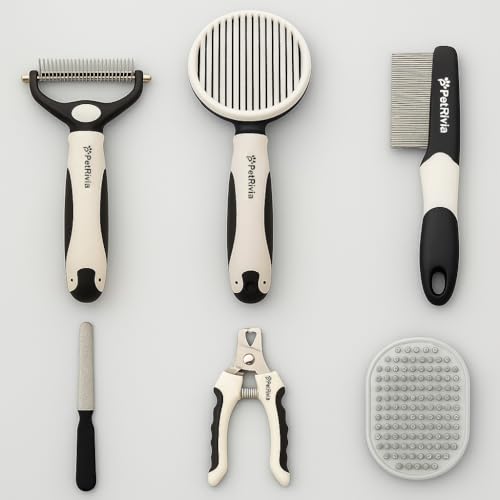 6-in-1 Pet Grooming Kit with Self Cleaning Slicker Brush, Double-Sided Dematting Undercoat Rake, Metal Grooming Comb, Dog & Cat Nail Clippers, Shedding Tool for Dogs, Cats & Rabbits