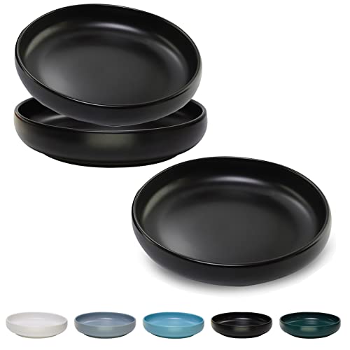 Ceramic Cat Bowls - Shallow Dishes for Food and Water, 6 Inch Matte Finish Wide Cat Food Bowl, Whisker Fatigue Free Pet Puppy Kitten Bowl Set of 3, Dishwasher Safe - color: Black-3pack