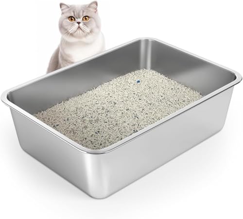 WENBOKMIN Stainless Steel Cat Litter Box - (19.5" L x 13.5" W x 6" H) | Non Slip, Easy to Clean, Never Absorbs Odor, Stains, or Rusts - size: 20" L x 14" W x 6" H
