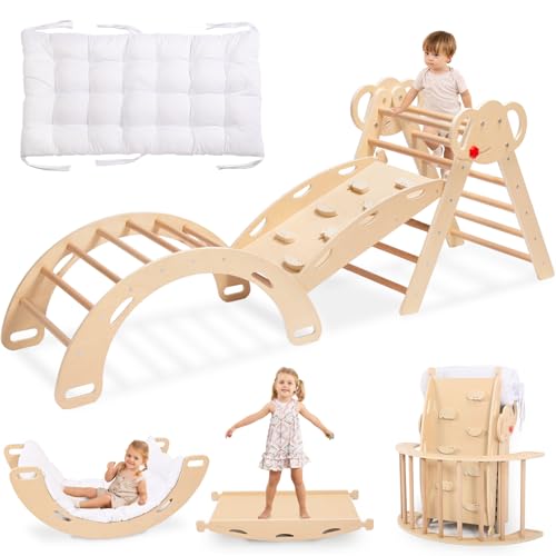 Pikler Triangle Set, Montessori 8-in-1 Climbing Set with Cushion | Wood Jungle Gym for 18M-5Y, Foldable, Reversible Animal Slide, Patent-Protected, 2.35in Gap, ASTM F963, Wood - color: Teak