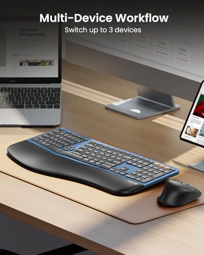 ProtoArc EKM01 Plus Wireless Ergonomic Keyboard Mouse Combo - Blue | Full-size Split Keyboard with Cushioned Wrist Rest, Ergonomic Mouse, 3-Device Bluetooth/2.4G, USB-C Rechargeable - color: Blue