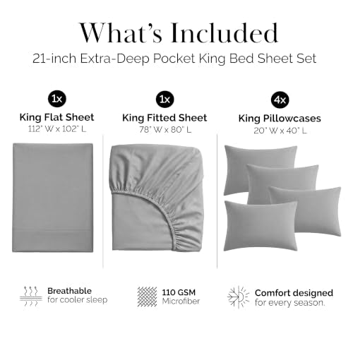 Southshore Fine Living, Inc. 21 Inch King Sheets Deep Pocket Set, 6 Piece Deep Pocket King Sheet Set - Fitted Sheet 78"x80" Fade & Wrinkle Resistant Bedding Hotel Style Microfiber - Steel Grey Sheets - color: 06 - Steel Grey, size: King