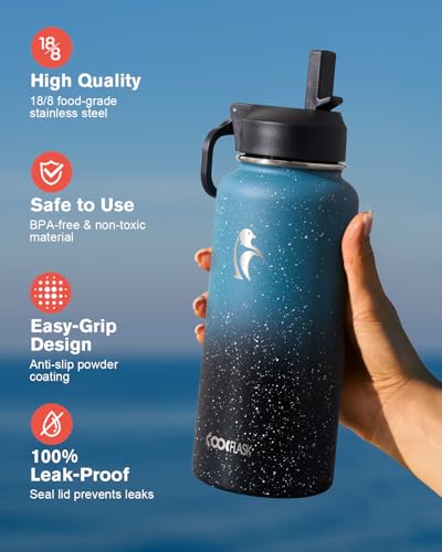 Coolflask 32 oz Water Bottle Insulated with Straw & 3 Leakproof Lids | Water Flask Stainless Steel Triple-Wall Vacuum,Cold 48+h, Dishwasher Safe,Wide Mouth,BPA-Free,Carrier Bag,for Gym,Hiking - color: Turquoise, size: 32 Ounces