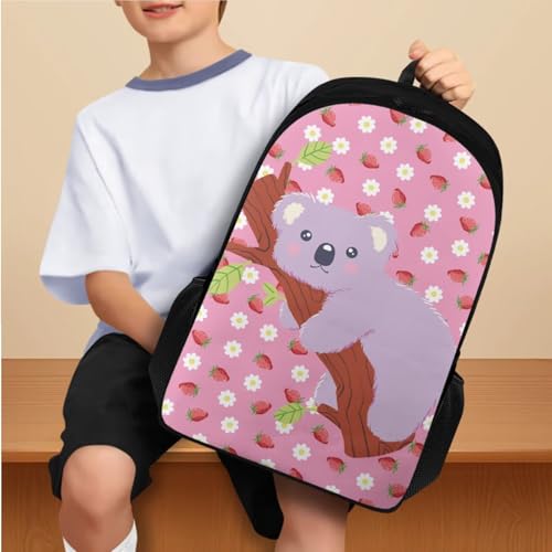 Strawberry Koala Backpacks for Girls Novelty 5Th Grade Kids Bookbag with Lunch Box Boys Water Bottle Holder and Comfy Pencil Box 4 in 1 School Bag for Kids Primary School Bags - color: Strawberry Koala